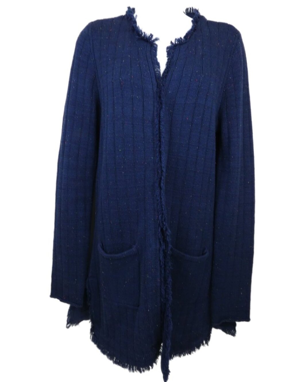 Cabi Cardigan Womens Small Navy Duches Speckled Cotton Fringe Long Line Sweater